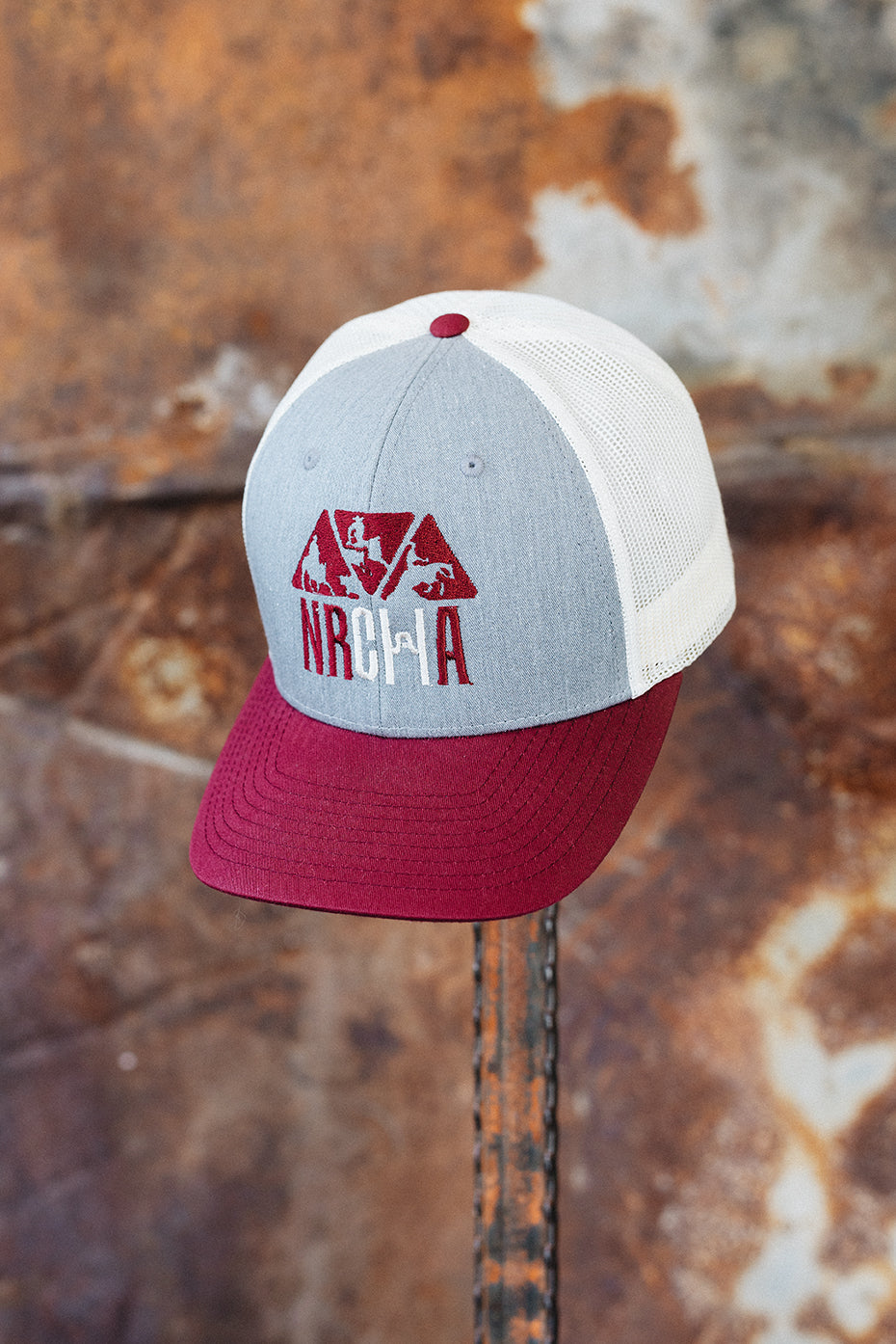 Light Grey, Maroon, and Cream Mesh NRCHA Logo Hat
